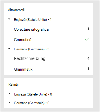 Corecțiile și rafinările sunt listate în fiecare limbă în panoul Editor.