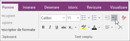 Captură de ecran a butonului Mărire indent în OneNote 2016.