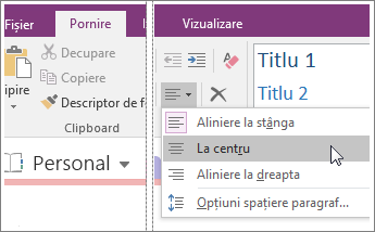 Captură de ecran cu butonul Aliniere paragraf din OneNote 2016.