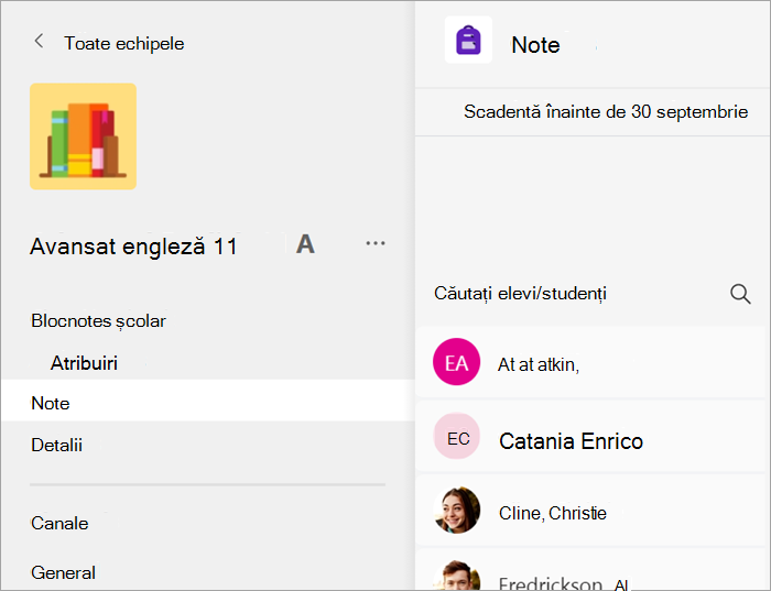 Aplicația Note deschisă într-o echipă a clasei.