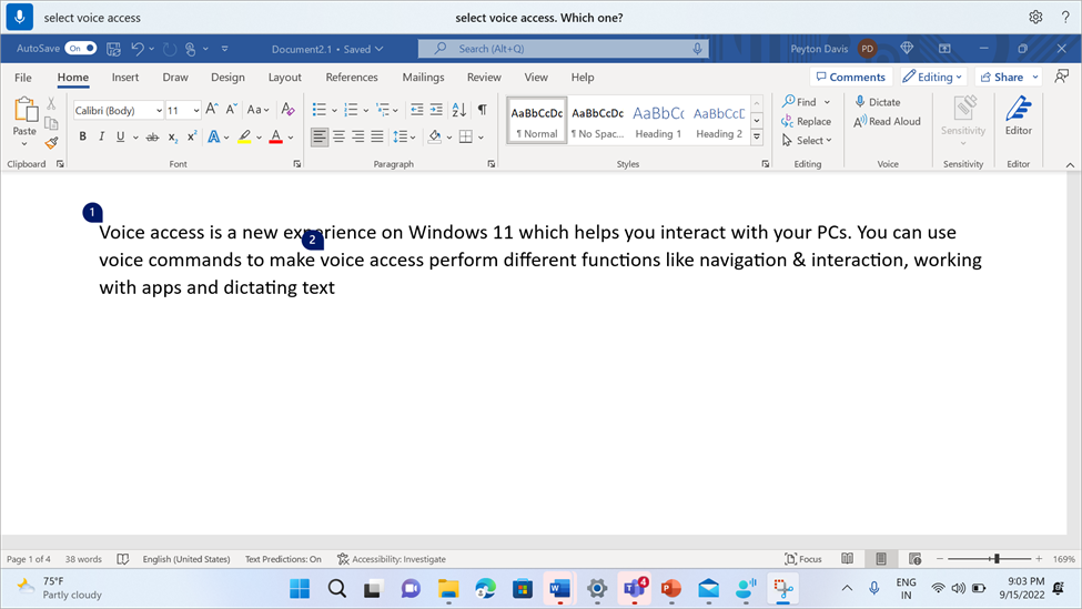 Word document care afișează acces vocal care îi solicită utilizatorului să selecteze o apariție a mai multora.