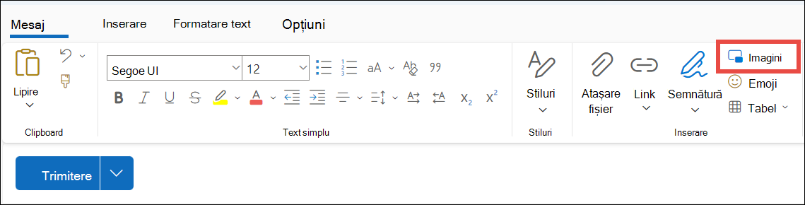 Inserarea imaginilor în Outlook nou