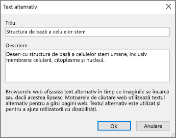 Captură de ecran a casetei de dialog Text alternativ din OneNote cu exemple de text în câmpurile Titlu și Descriere.