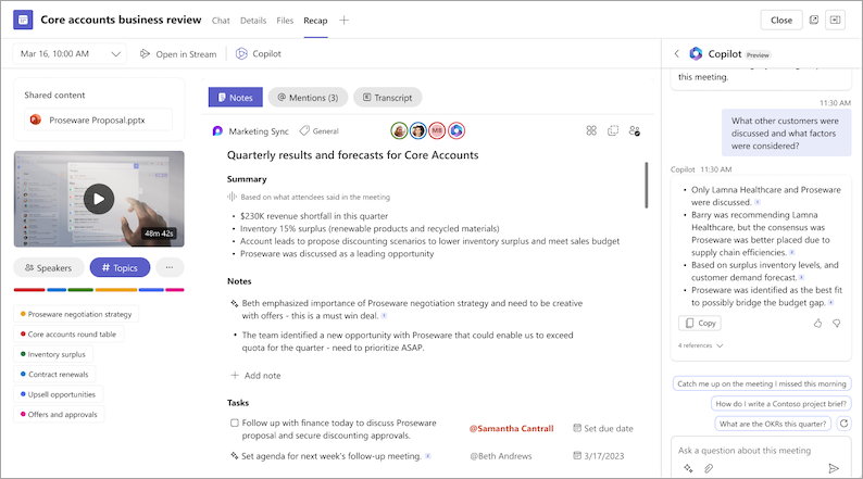 Снимок экрана: функции copilot в повторном просмотре собраний Teams