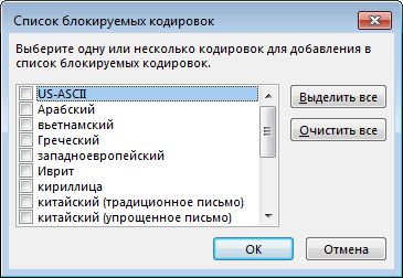 Диалоговое окно «Список блокируемых кодировок»