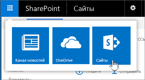 Средство запуска приложений SharePoint с выделенной плиткой "Сайты"