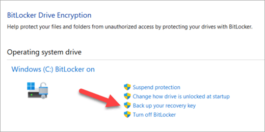 Приложение Управление шифрованием BitLocker со стрелкой, указывающей на параметр резервного копирования ключа восстановления BitLocker.