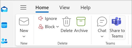 Снимок экрана: общий доступ к Teams на ленте Outlook