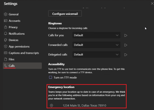 Изображение: экран 4 "Параметры" в Teams с адресом расположения для экстренного реагирования, помеченным красным цветом внизу.