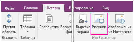 Снимок экрана, на котором показана кнопка "Рисунки" на вкладке "Вставка" в OneNote 2016.