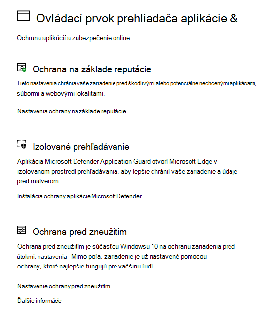 Ovládanie aplikácie a prehliadača v programe Windows Zabezpečenie