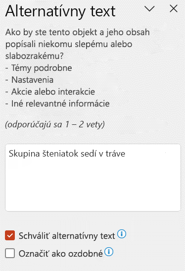 Automatický alternatívny text zobrazený na table Alternatívny text so začiarknutým políčkom Schváliť alternatívny text.