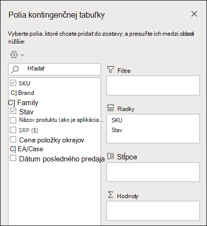 Polia kontingenčnej tabuľky v Excel pre web