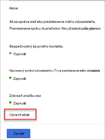 Panel akcií politiky neoprávneného získavania údajov so šípkou smerujúcou na prepojenie Upraviť akcie.