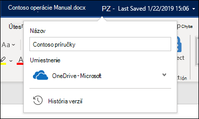 Rozbaľovacia ponuka z názvu dokumentu vo Worde pre Office 365