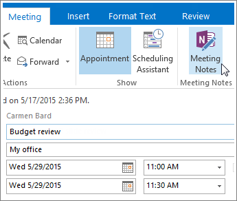 Snímka obrazovky s tlačidlom Poznámky zo schôdze vo OneNote v Outlooku.