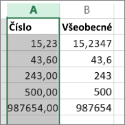 ukážka zobrazenia čísel s rôznymi formátmi, napríklad formátmi Číslo a Všeobecný.