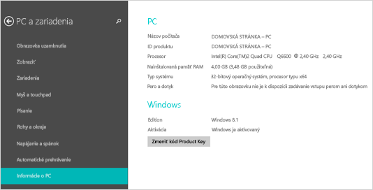 Stránka s informáciami o PC v nastaveniach PC