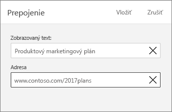 Dialógové okno Prepojenie so zobrazeným textom a poľami Adresa.