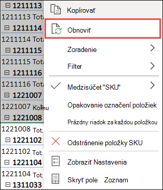 Obnovenie kontingenčnej tabuľky