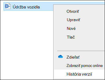 Prieskumník ponuka vrátane možnosti História verzií.