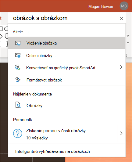 Vyhľadávacie pole v akcii v PowerPointe s obrázkami, ktoré sú vyhľadávané,