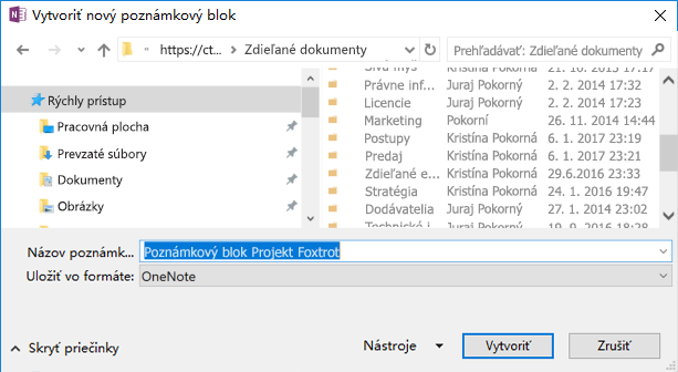 OneNote pre Windows 2016, dialógové okno Vytvorenie nového poznámkového bloku