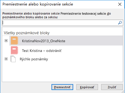 OneNote pre Windows 2016, dialógové okno Presunutie alebo skopírovanie sekcie