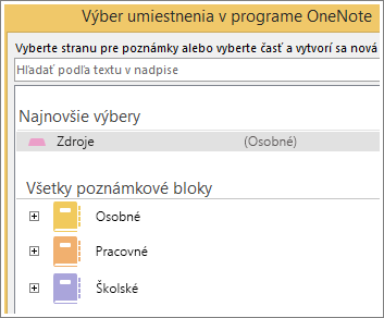 Snímka obrazovky s oknom OneNotu, kde si môžete vybrať stranu na zapisovanie poznámok cez Skype.