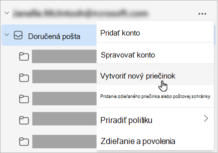 Snímka obrazovky s vybratou položkou Vytvoriť nový priečinok v ponuke Ďalšie možnosti na table Priečinok