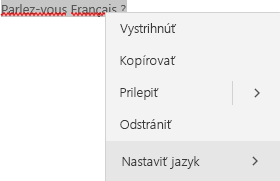 Vybratý francúzsky text zobrazujúci kontextovú ponuku spôsobu nastavenia jazyka.