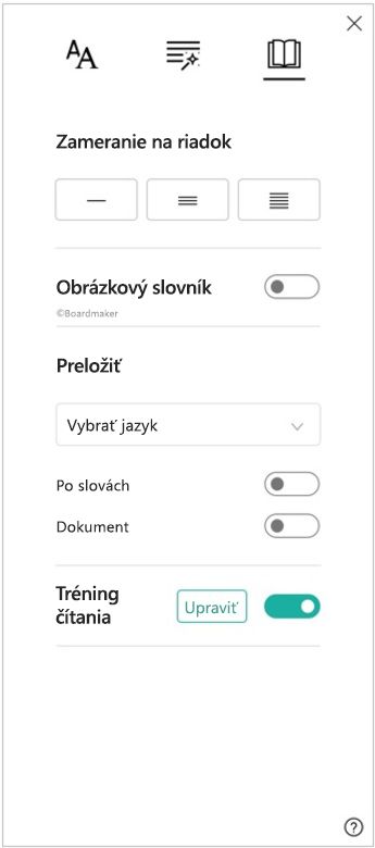 Snímka obrazovky tably predvolieb čítania imerznej čítačky so zobrazenými možnosťami zamerania na riadok, obrázkového slovníka, prekladu a tréningu čítania.