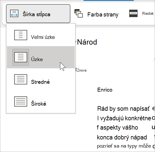 snímka obrazovky rozbaľovacieho zoznamu šírky stĺpca pre imerznú čítačku, možnosti sú veľmi úzke, úzke, stredné, široké