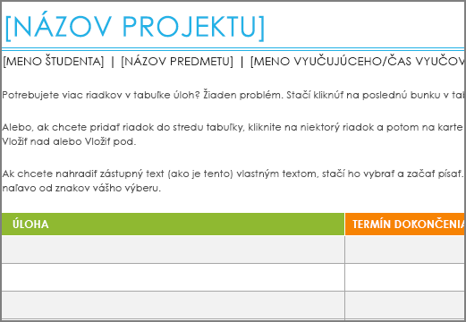 Pôvodná šablóna Zoznam projektových úloh s najmenšou veľkosťou písma 8,5 bodu.