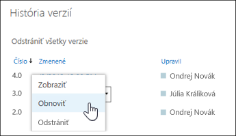 Výber možnosti Obnoviť z rozbaľovacej ponuky pre vybratú verziu dokumentu