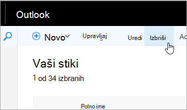 Posnetek zaslona gumba »Izbriši« pod Outlookovo vrstico za krmarjenje.