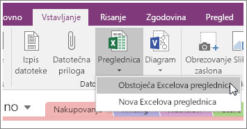 Posnetek zaslona gumba »Vstavi preglednico« v programu OneNote 2016.