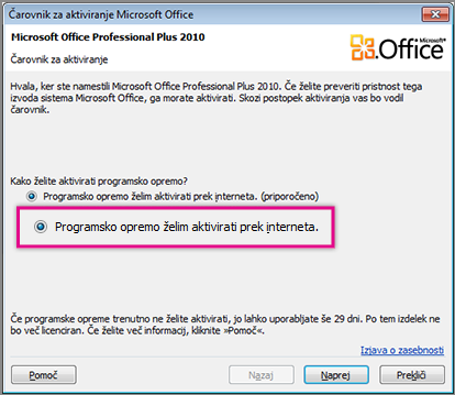 Aktiviranje programske opreme v internetu