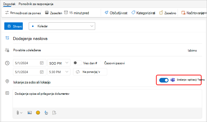 Vklopite preklopni gumb za srečanje v aplikaciji Teams v Outlooku, da načrtujete srečanje v aplikaciji Teams.