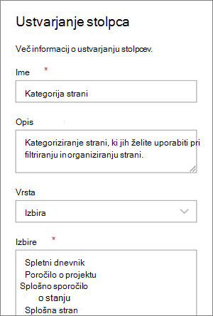 Example of setting up a category choice column for blogs