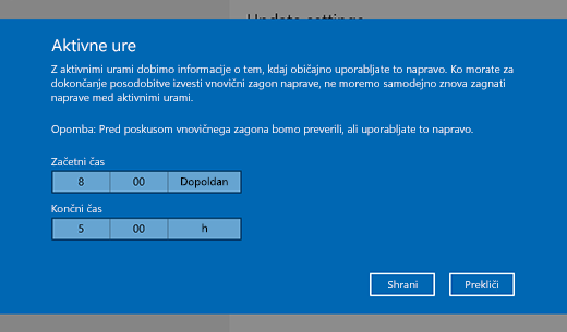 Posnetek zaslona s pogovornim oknom za spreminjanje ur aktivne uporabe