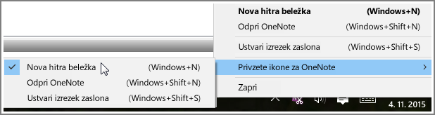 Posnetek zaslona sistemske vrstice z OneNotovimi možnostmi.