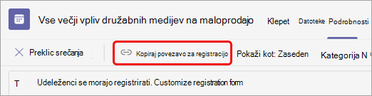 Pod naslovom srečanja izberite Kopiraj povezavo za registracijo