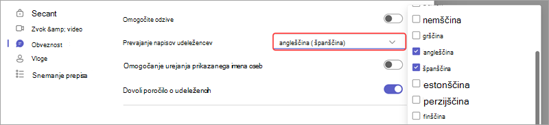 Možnost srečanja, ki prikazuje, kako dodate jezike za prevedene podnapise v živo v dogodku.