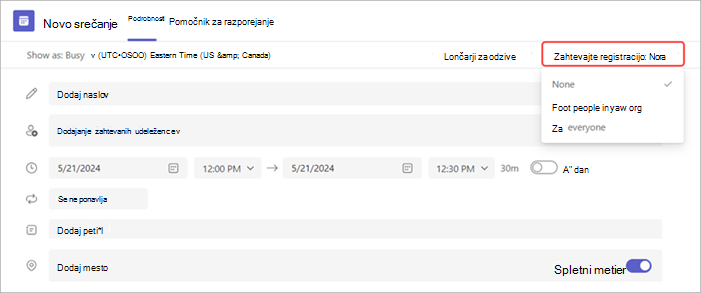 V srečanje v aplikaciji Teams dodajte zahtevano registracijo.
