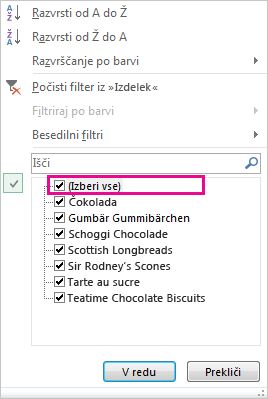 Izbrano polje »Vse« v galeriji »Razvrščanje in filtriranje«