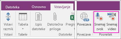 Posnetek zaslona menija »Vstavi« z gumbi AV v programu OneNote 2016.