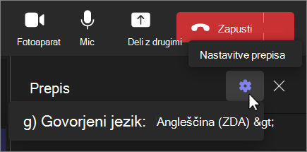 Zaslon za spreminjanje jezika prepisa