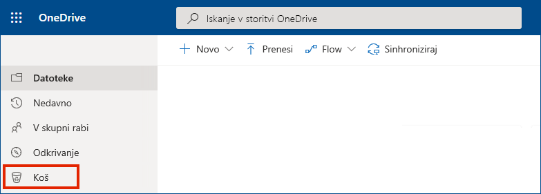 OneDrive za podjetja Online, kjer je prikazan koš v levem meniju