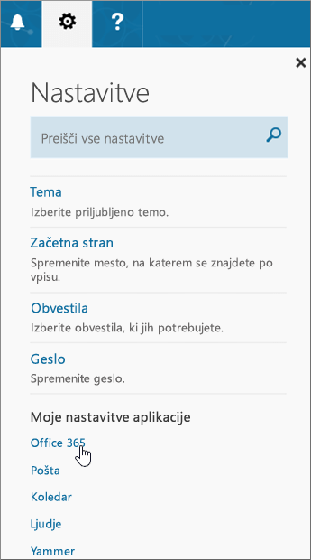 Podokno z nastavitvami storitve Office 365